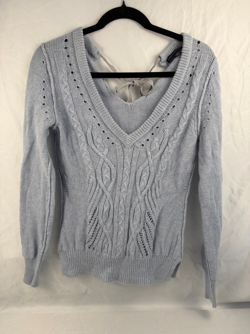 Banana Republic Cable Knit Sweater Petite Medium Blue Cotton V Neck Tie Back‎